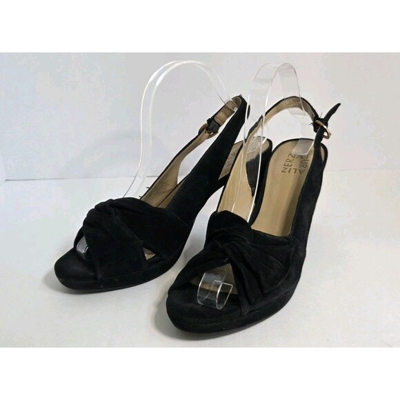 Naturalizer Black Suede Heels Sz 9 Peep Toe Slingback W Buckle Comfy Work Pumps - Picture 1 of 7